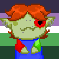 Pixel art of a person with green skin, red hair, and a red flower over its eye. It wears a color-block sweater and has many piercings